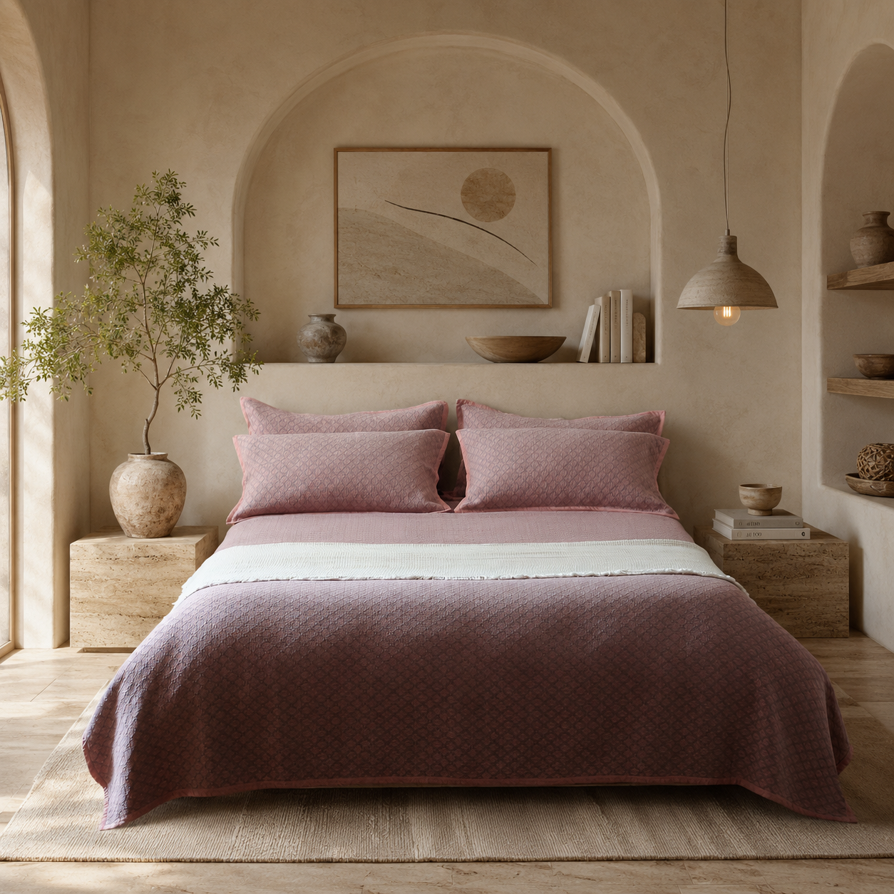 Dusty rose washed cotton coverlet set styled in a warm wabi-sabi bedroom with an arched wall and terracotta decor.