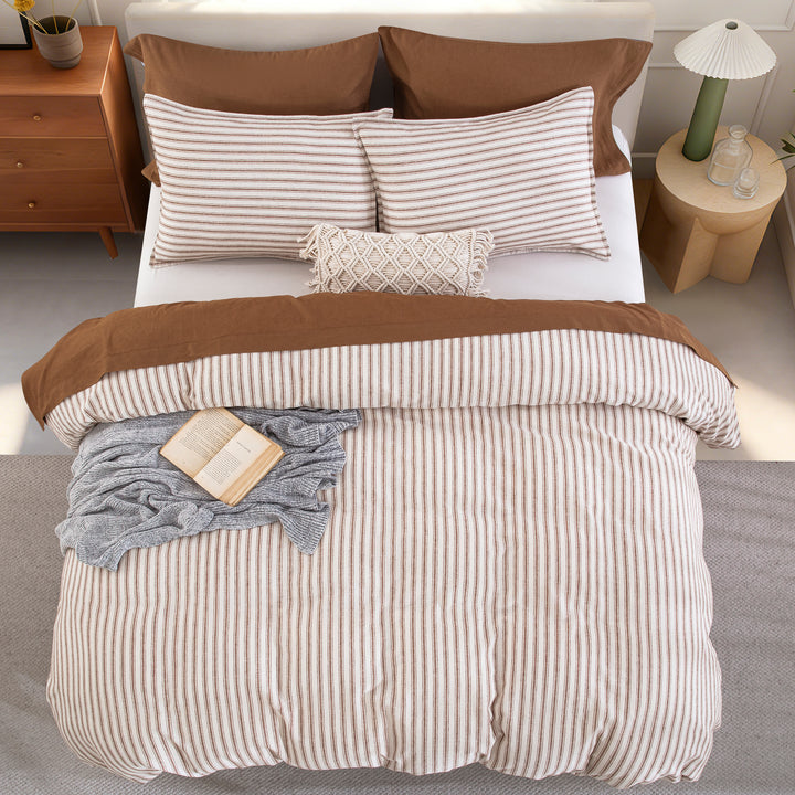 Earthy elegance bedroom setup with a softly tailored ticking stripe pattern duvet cover in caramel - DAUAOTO
