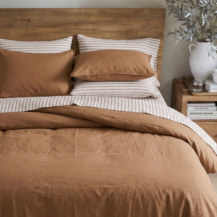 Earthy elegance bedroom setup with the rich tone cognac brown linen cotton blend duvet cover - DAUAOTO