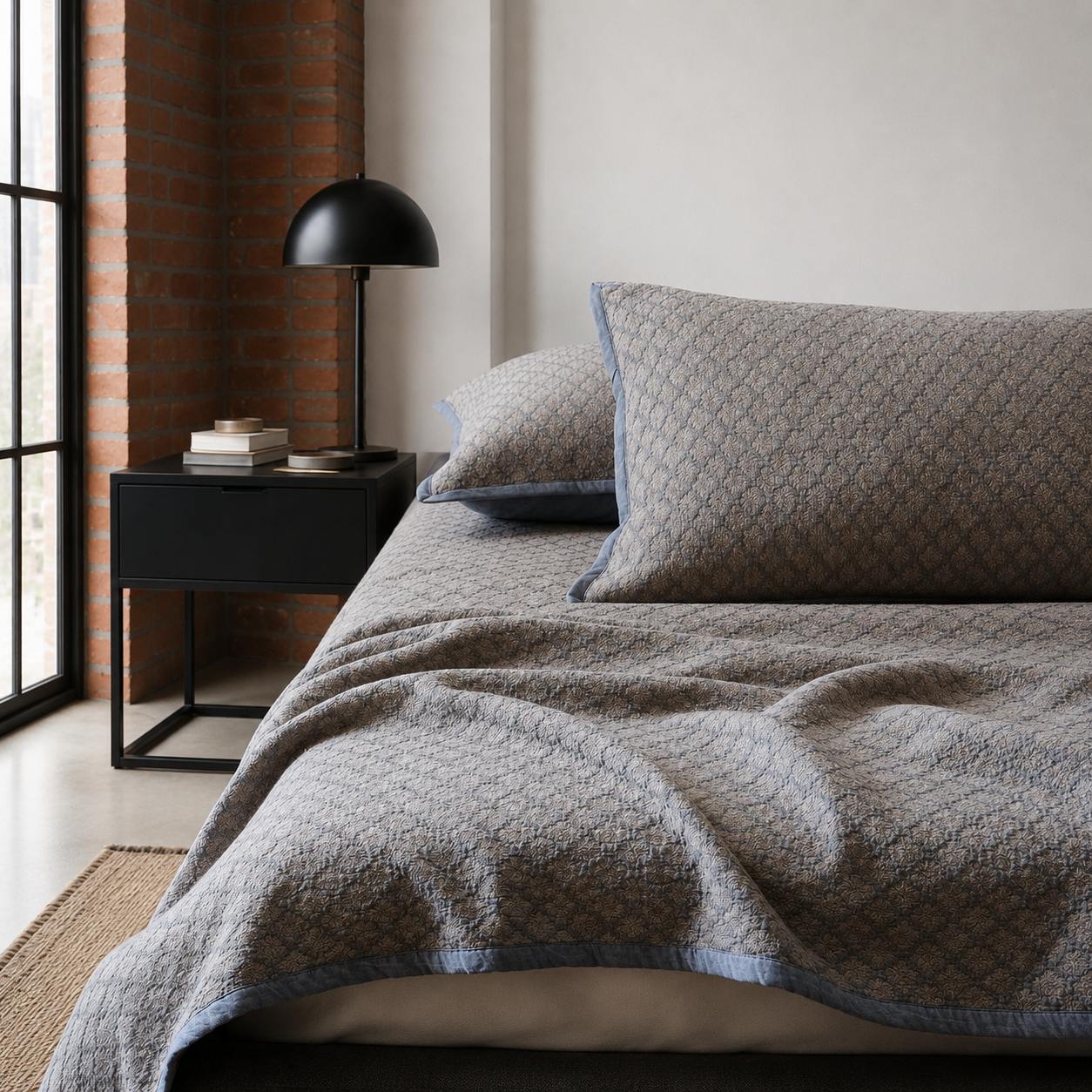 Effortless lived-in bed styling featuring a charcoal gray washed cotton bedspread and a modern black bedside lamp.