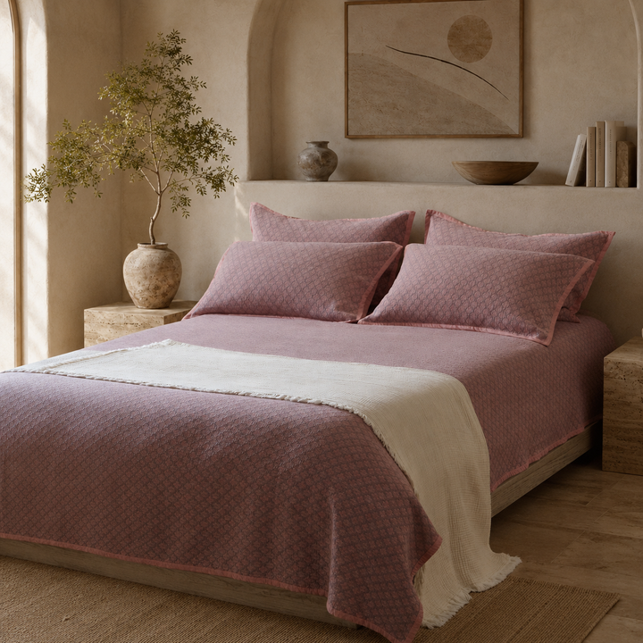 Effortless Mediterranean style bedroom featuring a dusty rose diamond jacquard bedspread.