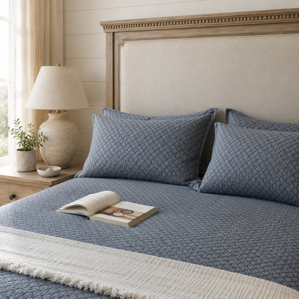 An open book resting on a relaxed, lived-in slate blue washed cotton bedspread.