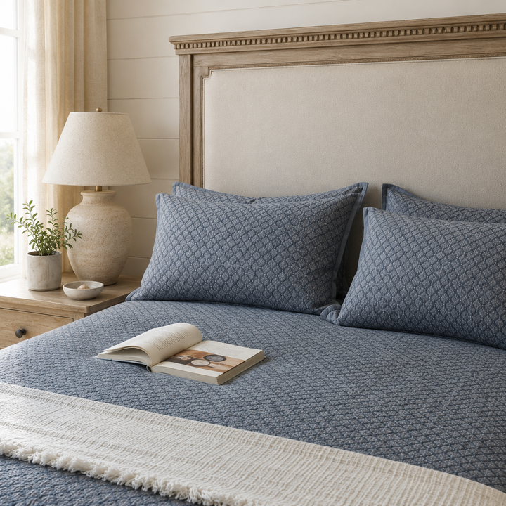 An open book resting on a relaxed, lived-in slate blue washed cotton bedspread.