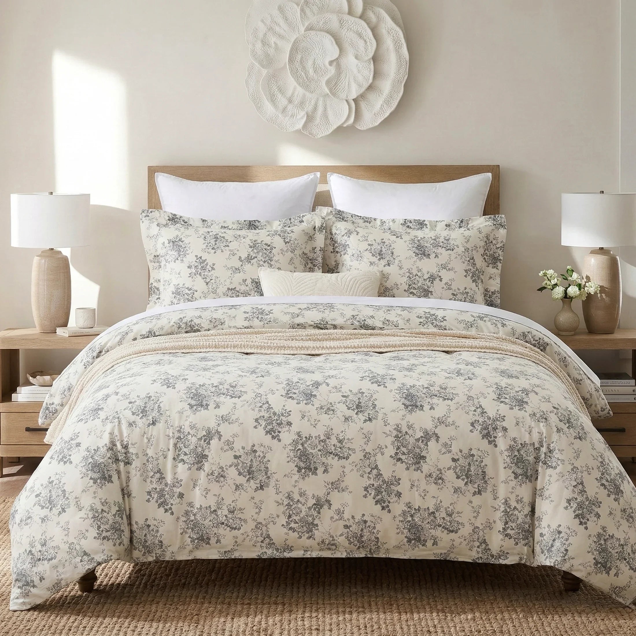 Elegant transitional space styled with the serene minimalist gray rose floral pure cotton bedding set - DAUAOTO