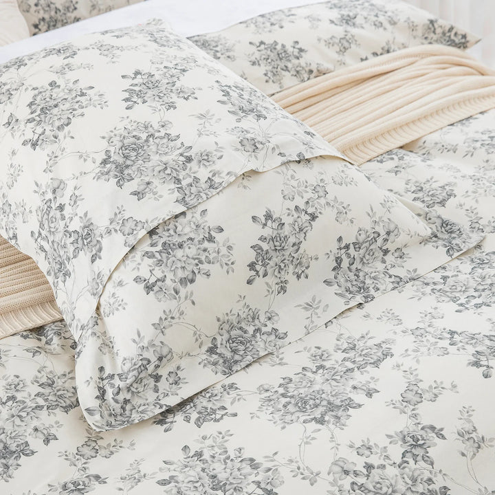 Coordinating pillow shams featuring a neat envelope closure in the vintage gray rose floral print - DAUAOTO