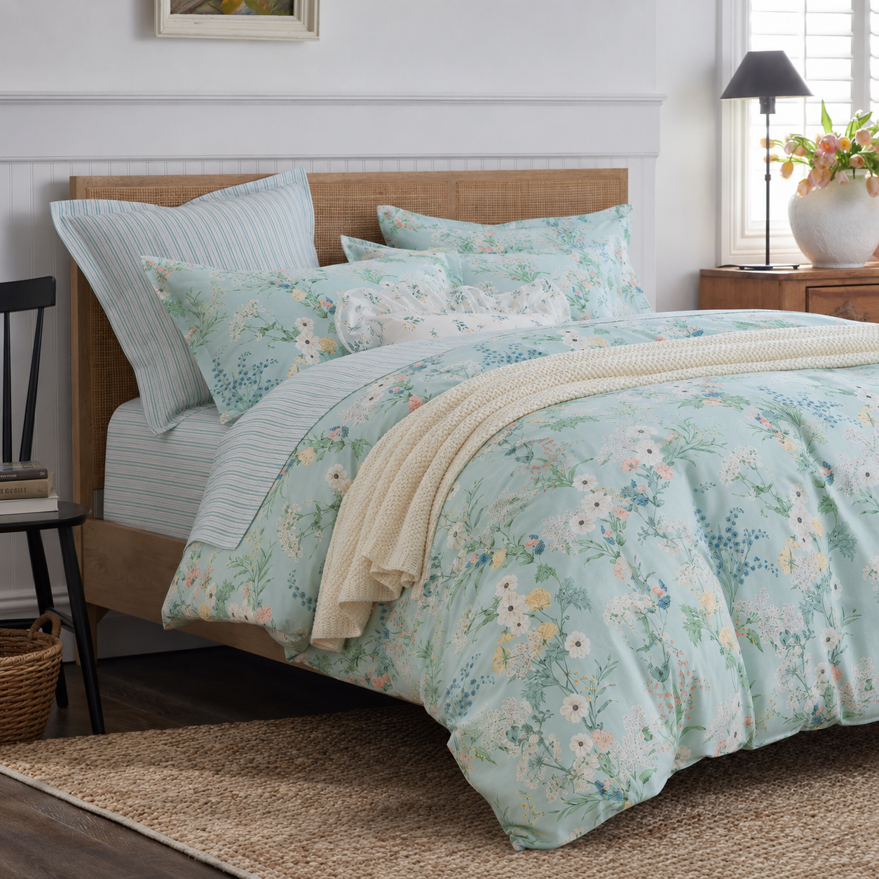 Mint green floral duvet cover draping naturally over the foot of a wooden bed, paired with a cream knit throw blanket.