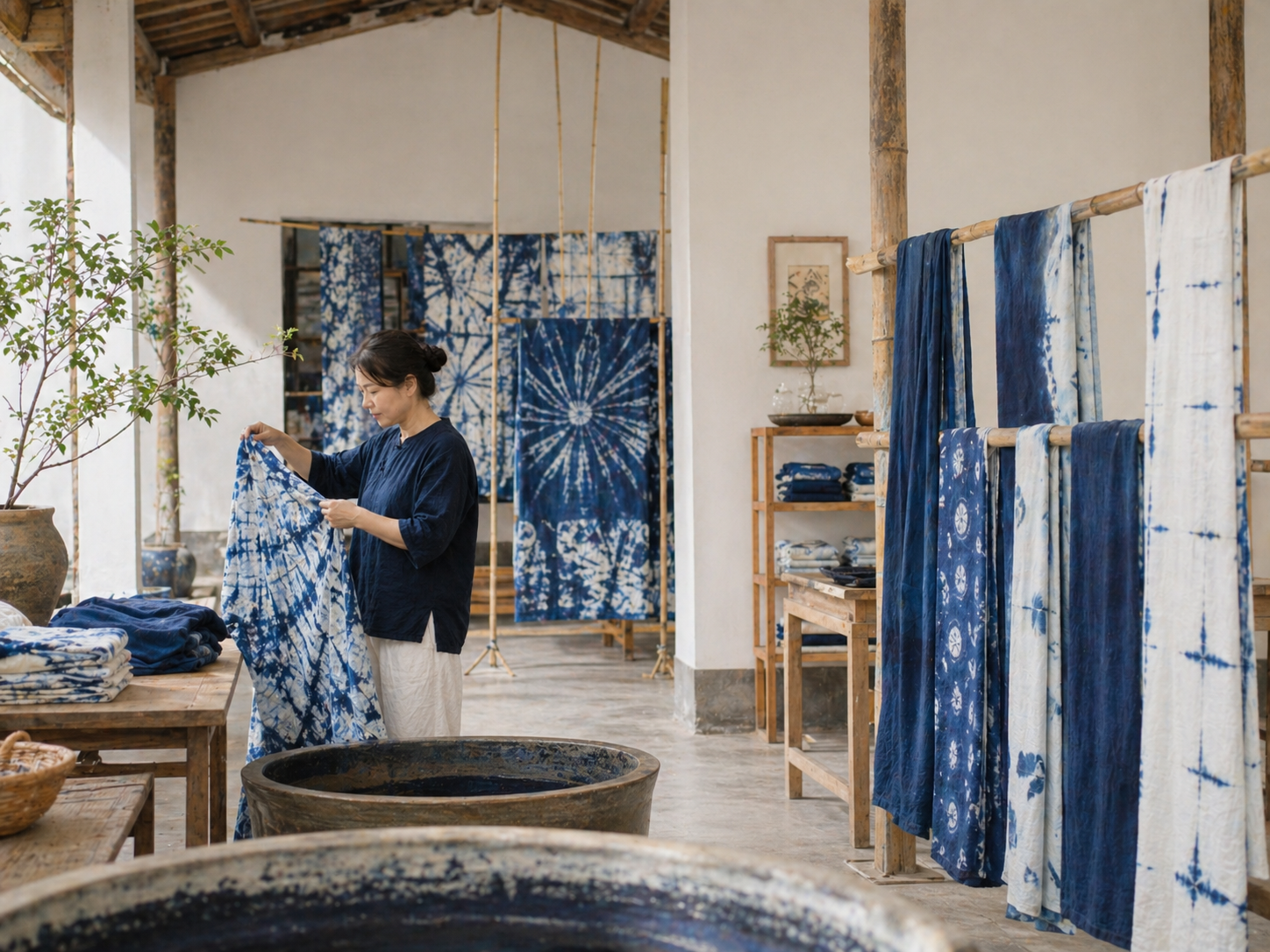 Artisan inspecting handmade indigo tie-dye textiles in a traditional workshop with dye vats and wooden racks.