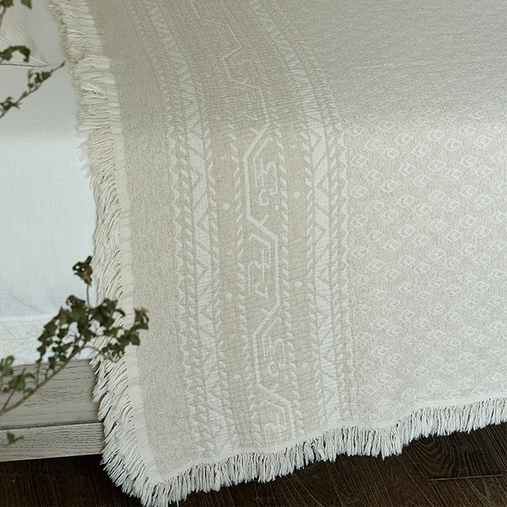 Close-up of the exclusive jacquard woven border pattern and fringe on the oatmeal beige throw.