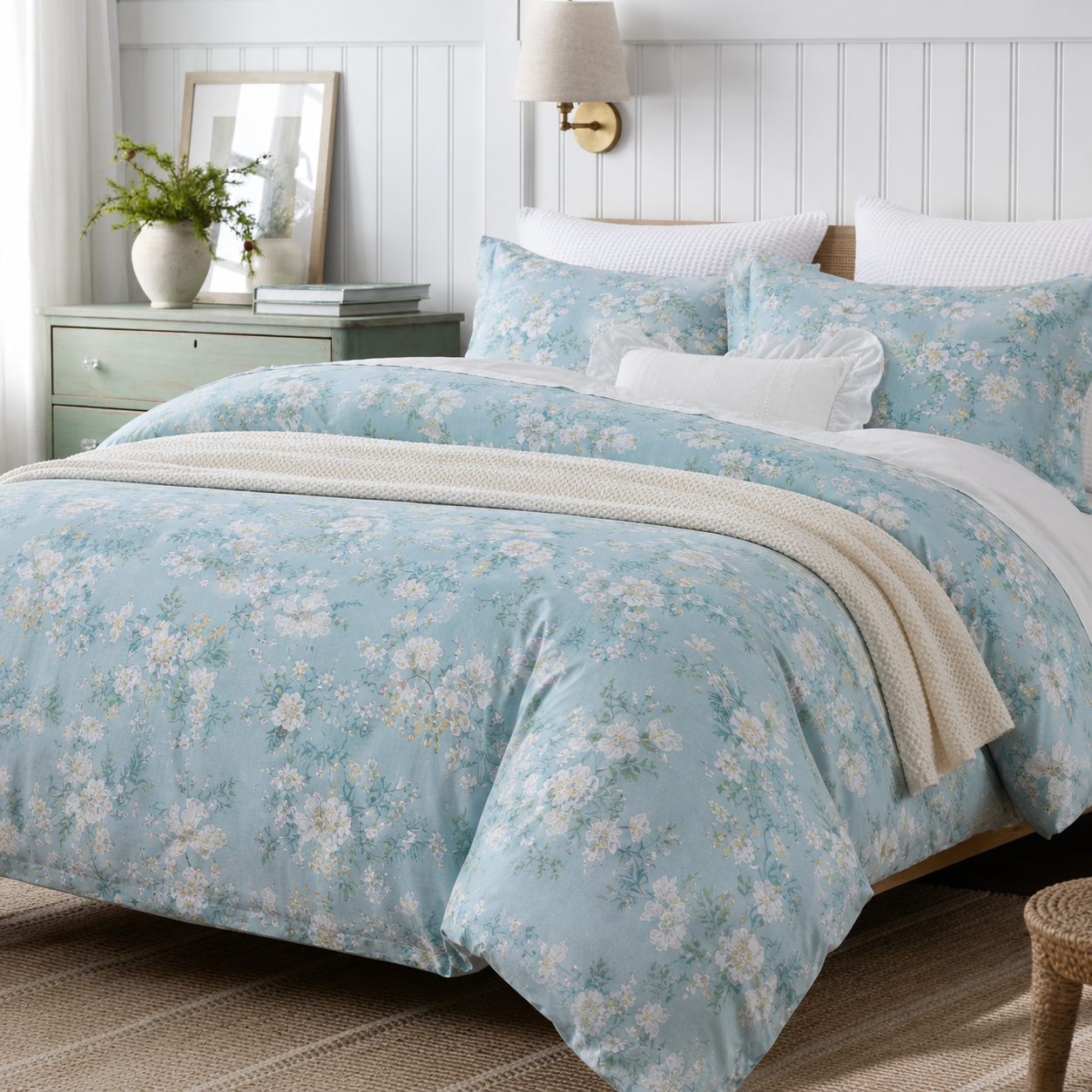 Angled view of the DAUAOTO clear morning dew floral cotton duvet cover set draped perfectly over a bed.