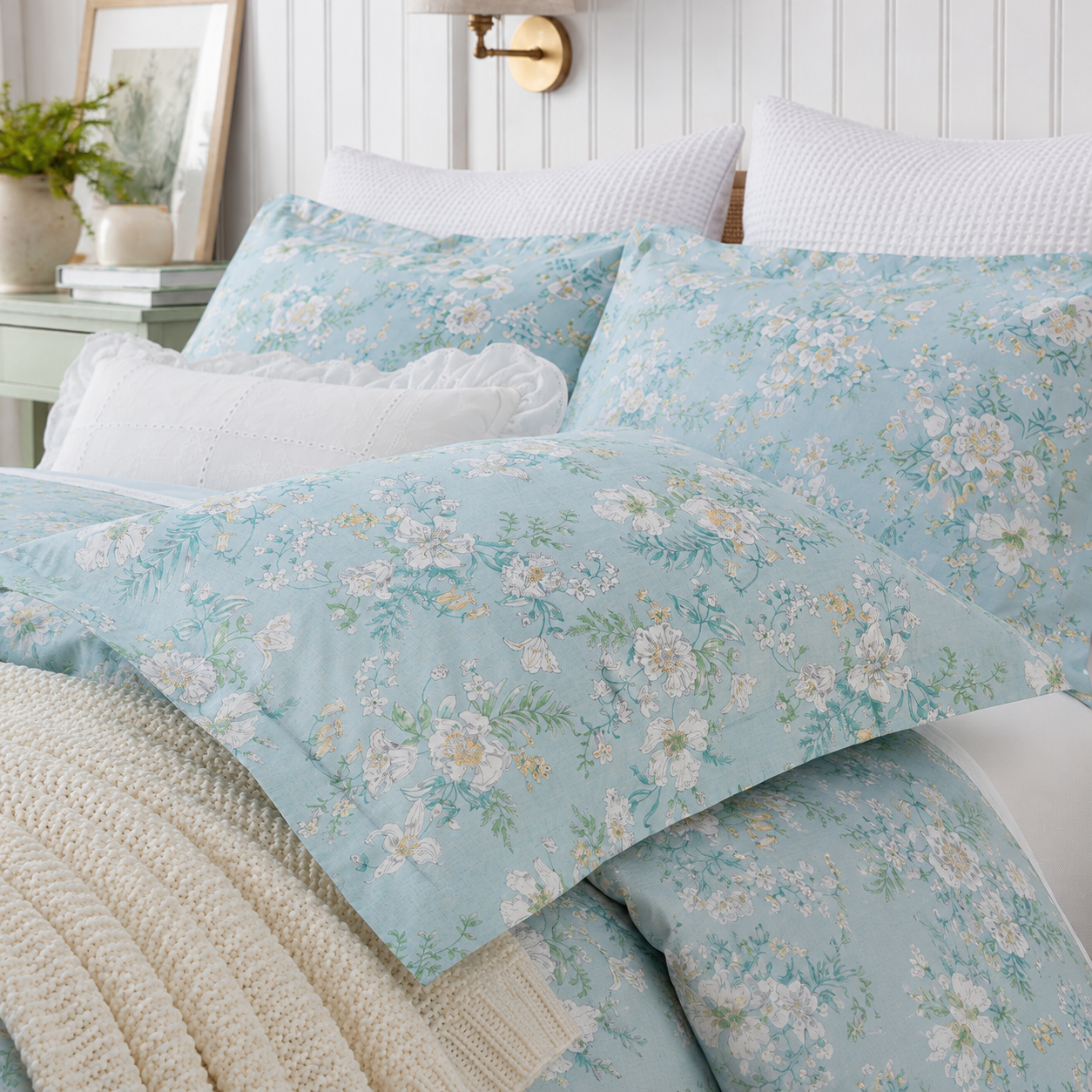 Close-up of layered pillows showcasing the DAUAOTO light blue floral pillowcases resting on the bed.