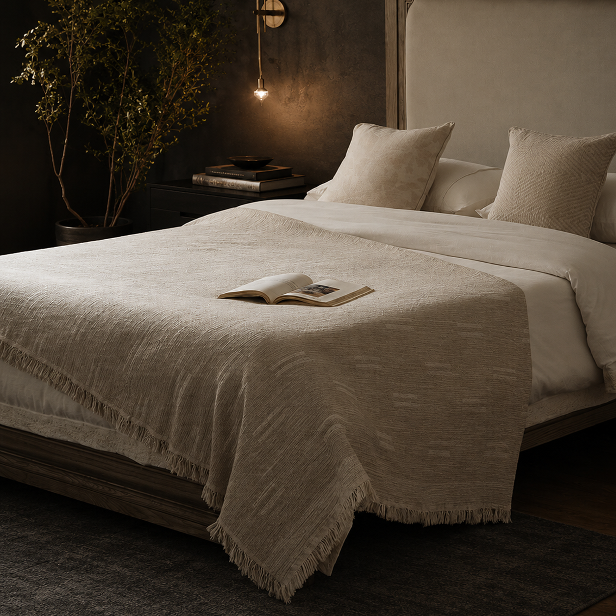 Light greige oversized cotton-linen throw blanket with subtle dashed texture draped elegantly on a bed.