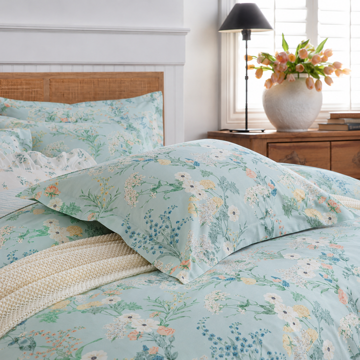 Detailed view of a single DAUAOTO mint green floral pillow sham resting on a matching duvet cover.