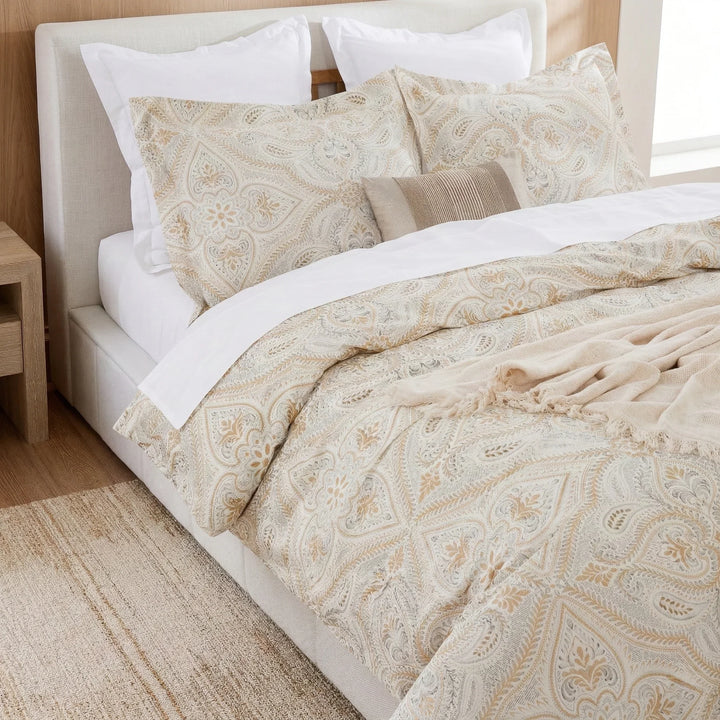 Minimalist elegant bedroom setup showcasing the breathable 100% pure cotton neutral damask bedding - DAUAOTO