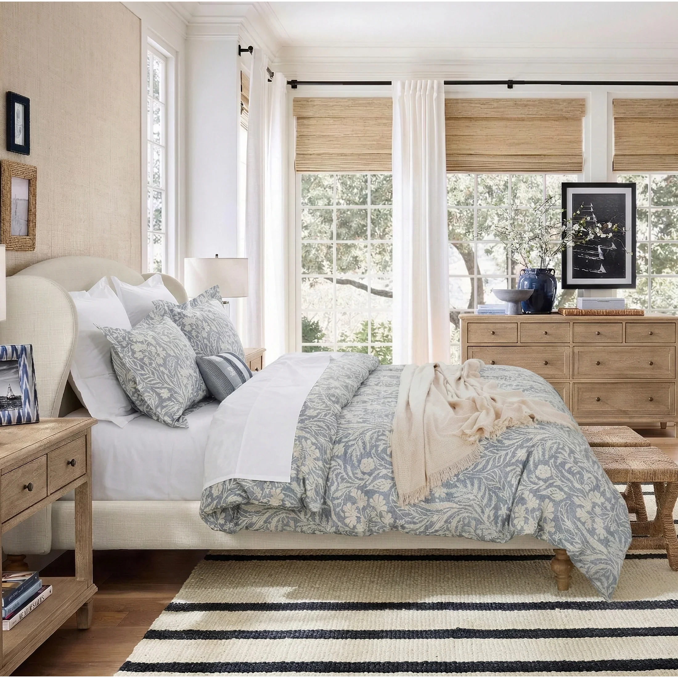 Modern farmhouse bedroom setting styled with the elegant dusty blue botanical cotton duvet cover - DAUAOTO