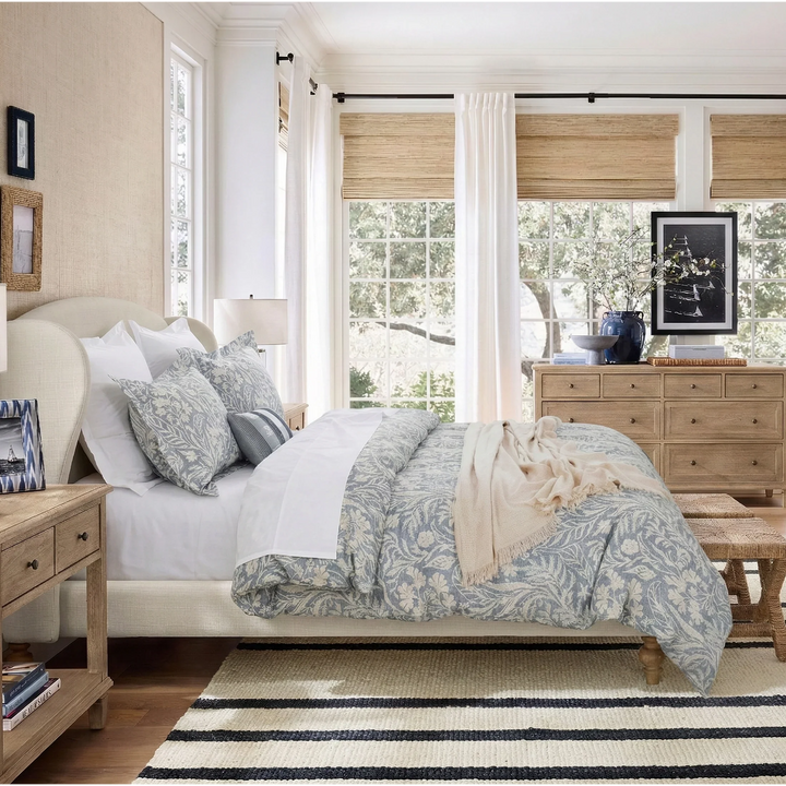 Modern farmhouse bedroom setting styled with the elegant dusty blue botanical cotton duvet cover - DAUAOTO