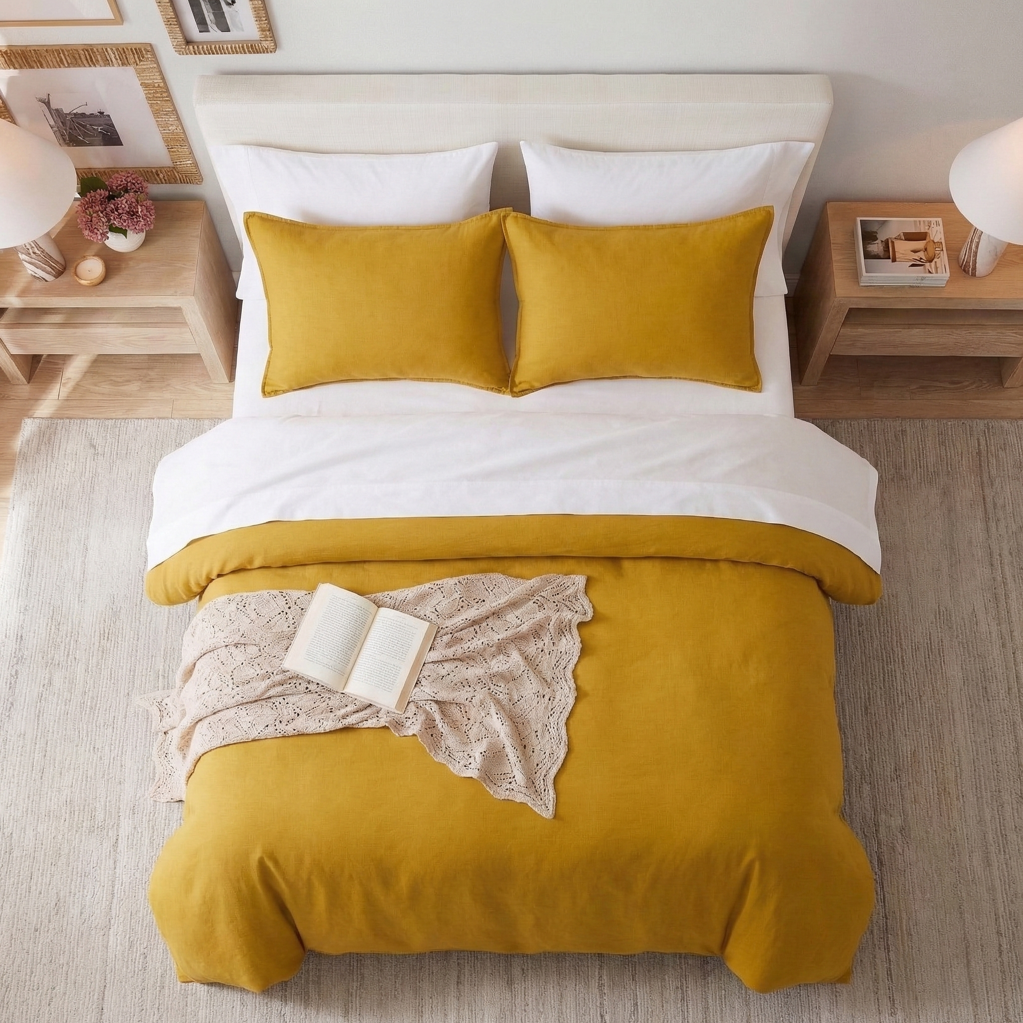 Top-down view of the solid ochre design linen cotton bedding ensemble with a naturally beautiful texture - DAUAOTO