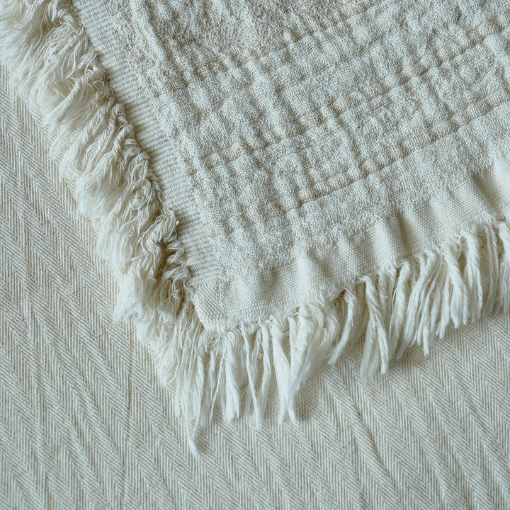 Detailed close-up of the corner fringe and subtle tonal woven pattern of the natural ivory blanket.