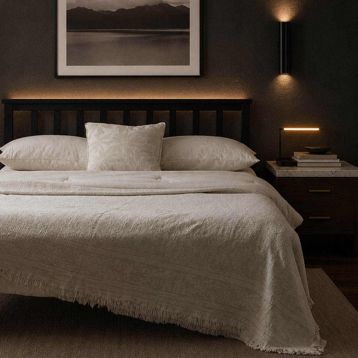 Full view of a natural ivory cotton-linen throw used as a summer bedspread on a cozy bed.