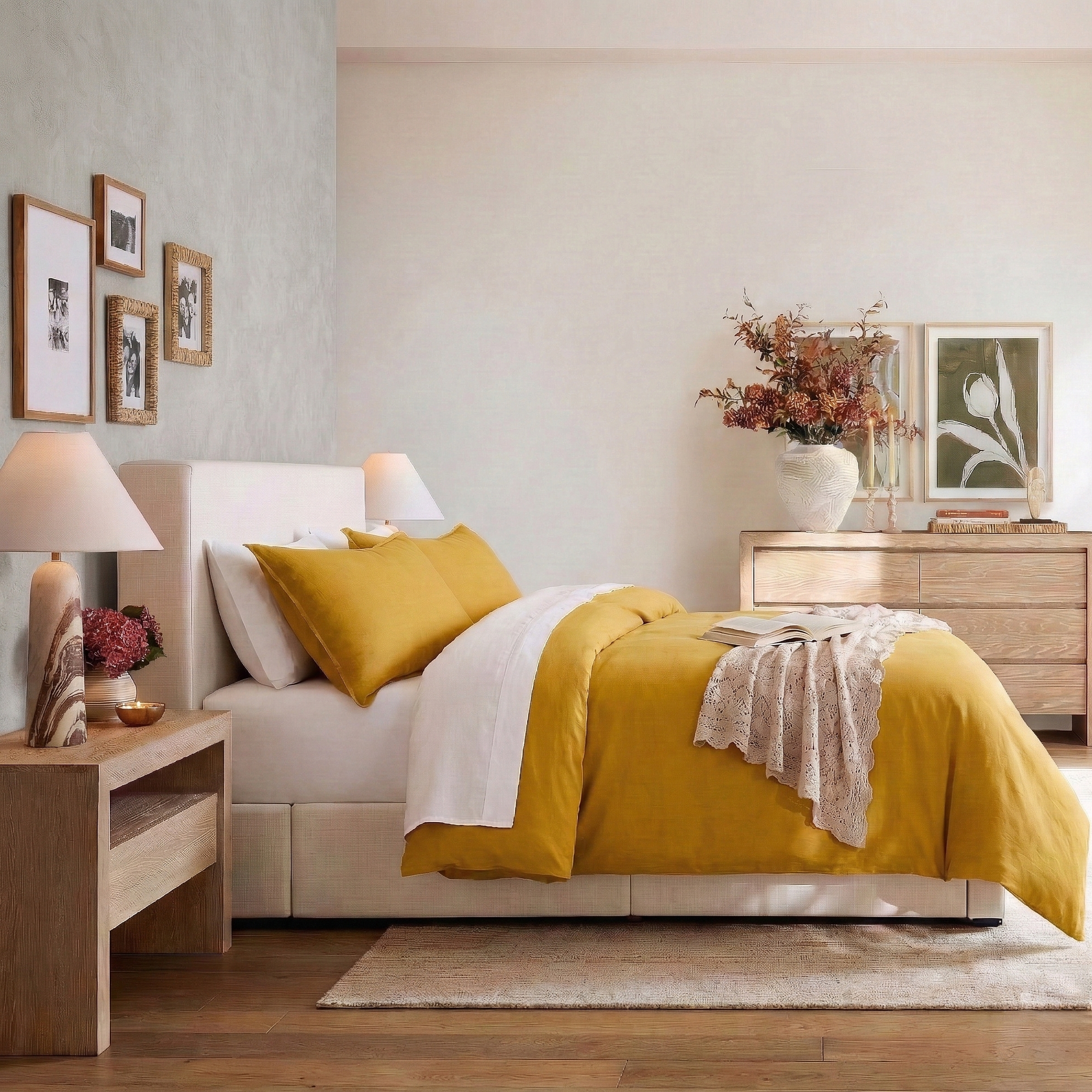 Inviting bedroom sanctuary with the earthy and vibrant mustard yellow linen cotton blend duvet cover - DAUAOTO