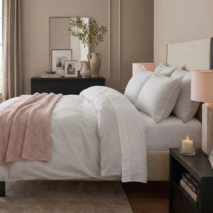Calming bedroom setup with the understated and serene dove grey linen cotton blend duvet cover - DAUAOTO