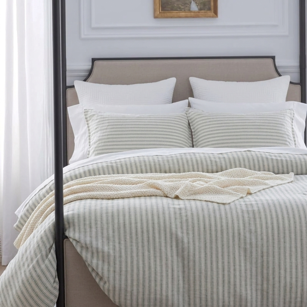 Outdoor-inspired serenity bedroom setup with the soothing sage green yarn-dyed stripe linen cotton duvet cover - DAUAOTO
