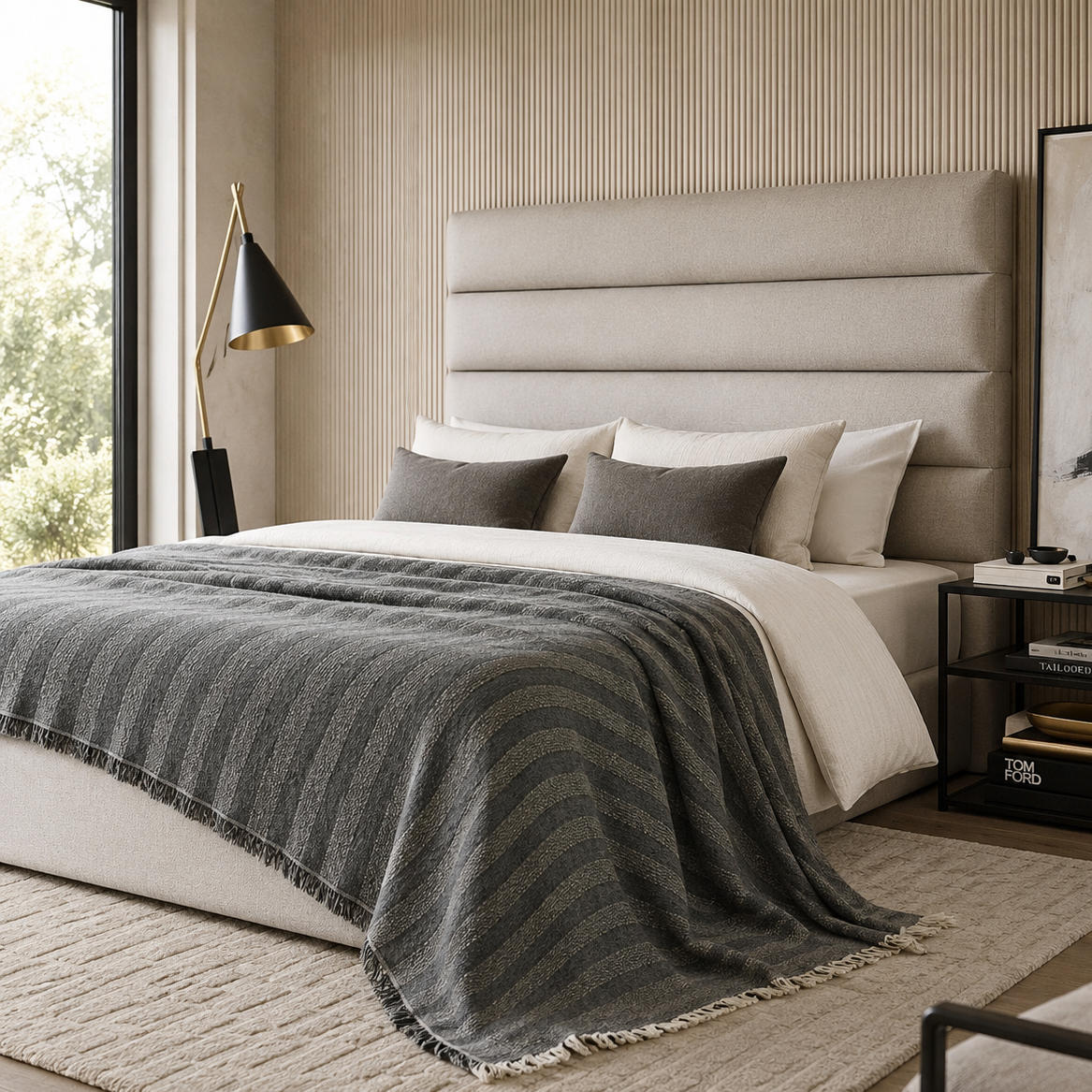 Charcoal black oversized cotton-linen throw blanket with subtle stripes draped over a modern bed.
