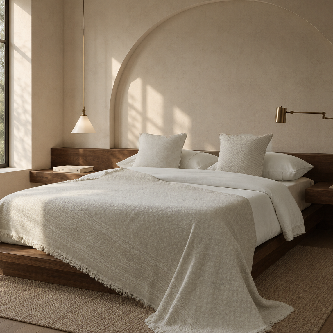 linen-throw-oatmeal-beige-bed.jpg	Oatmeal beige oversized cotton-linen throw draped elegantly over a modern bed in a sunlit room.