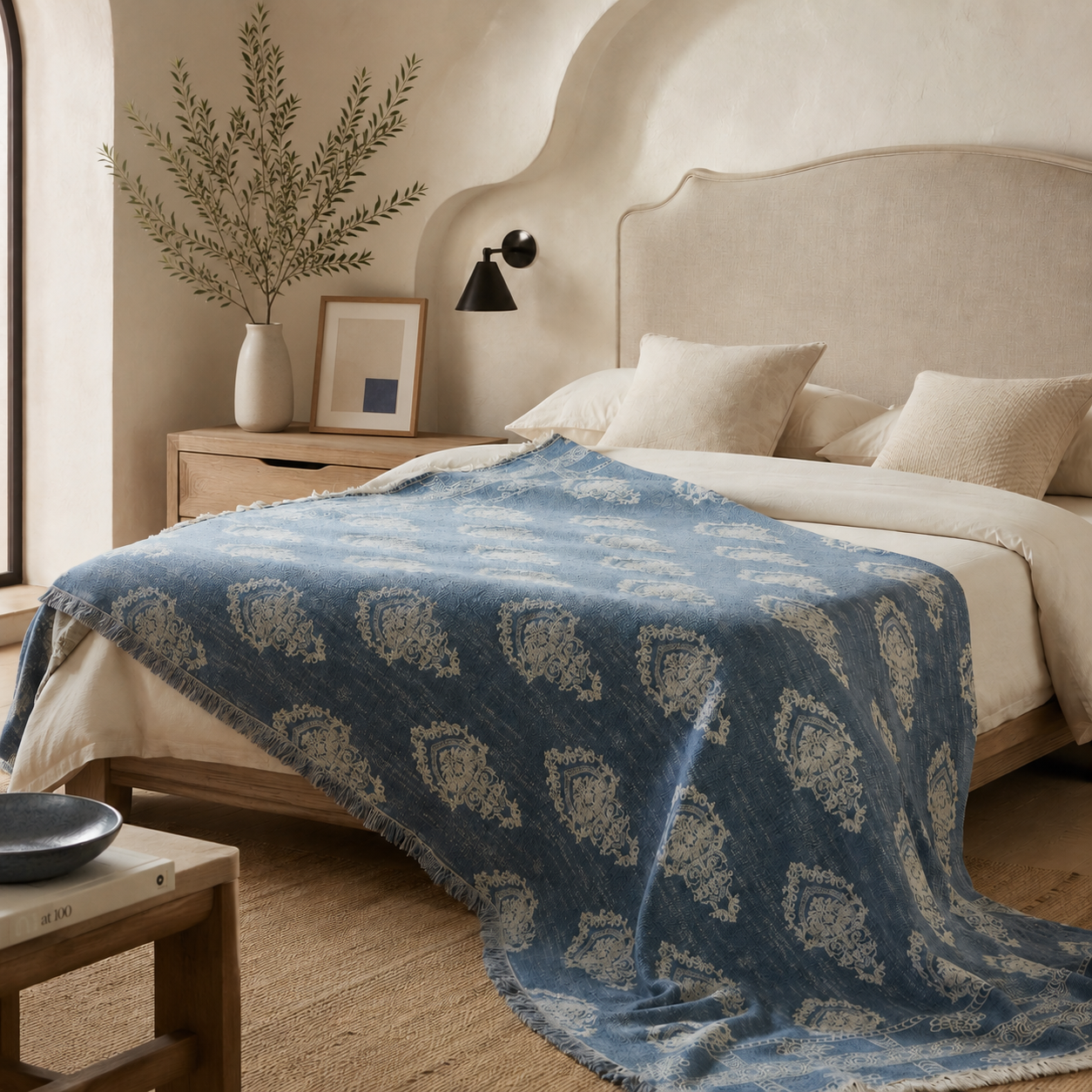 Dusty blue oversized cotton-linen throw with vintage white motifs draped over a modern bed.