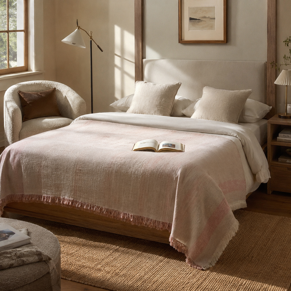 Dusty rose oversized cotton-linen throw blanket draped elegantly over a modern bed.