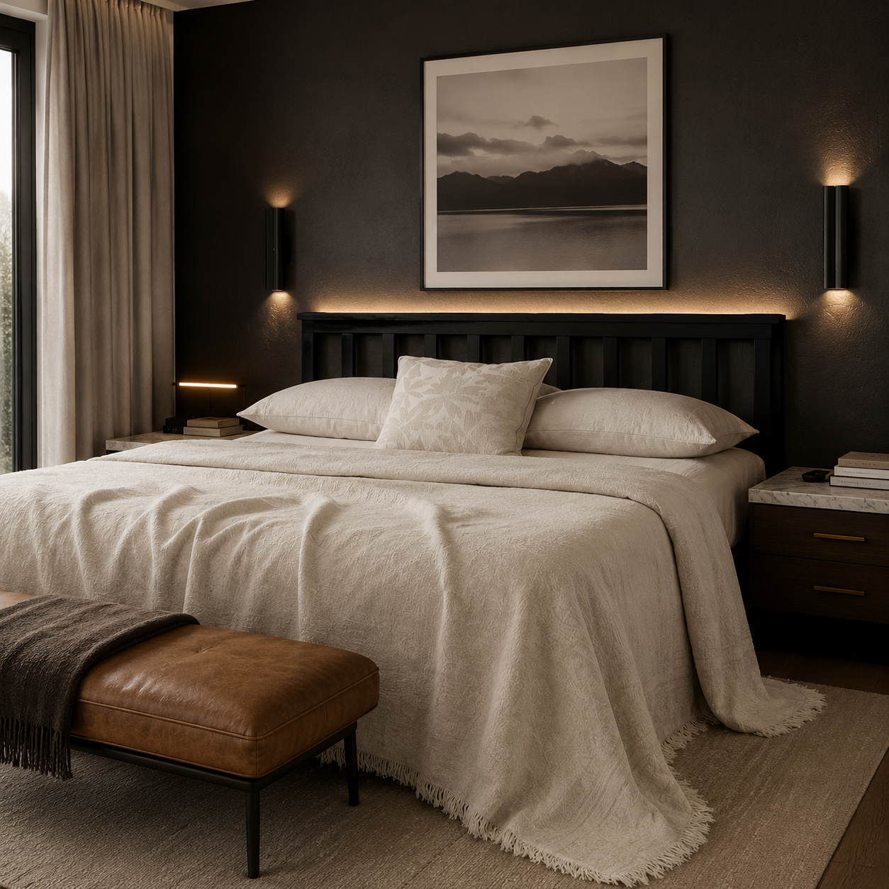 Oversized natural ivory cotton-linen throw blanket draped elegantly on a bed against a dark grey wall.