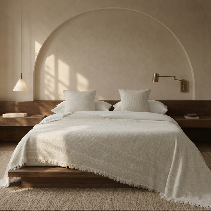 bedspread-oatmeal-beige.jpg	Large oatmeal beige cotton-linen throw used as a full summer bedspread on a minimalist bed.