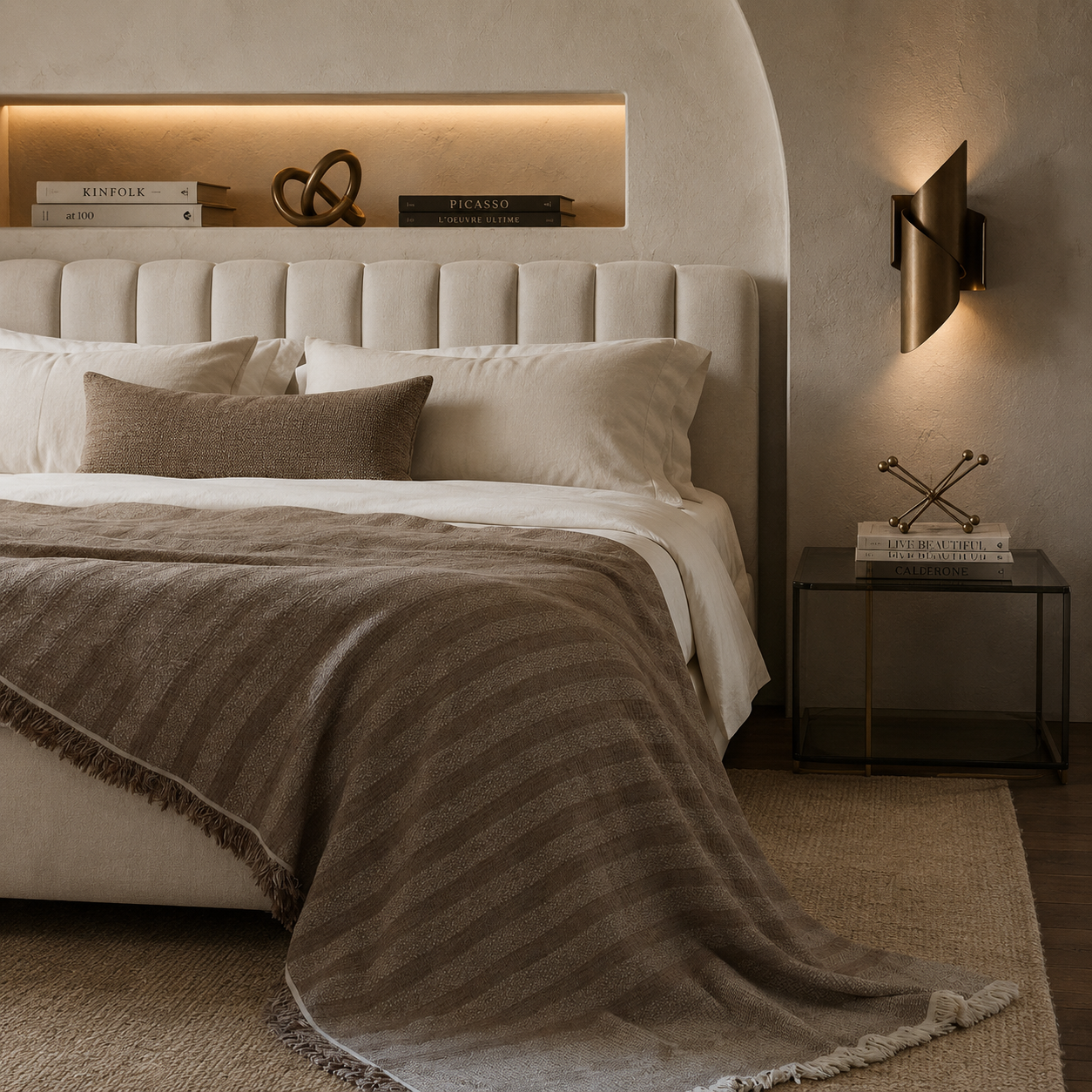 Taupe brown oversized cotton-linen throw blanket with subtle stripes draped over a bed.