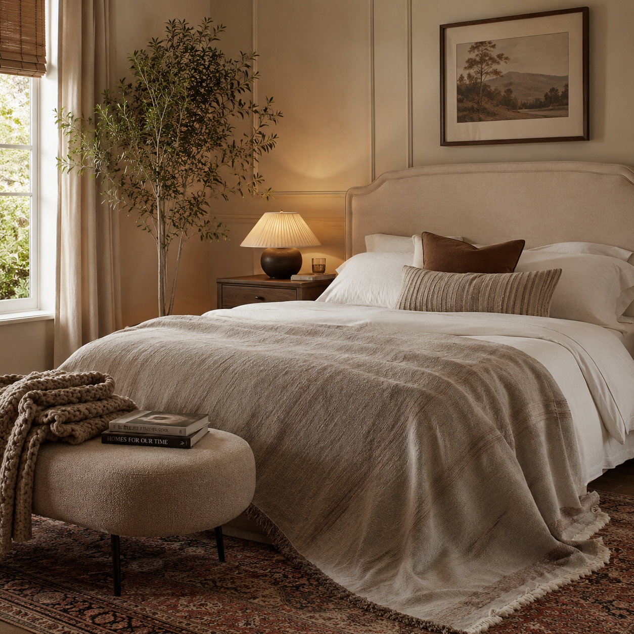 Warm sand oversized cotton-linen throw blanket with border stripes draped over a cozy bed.