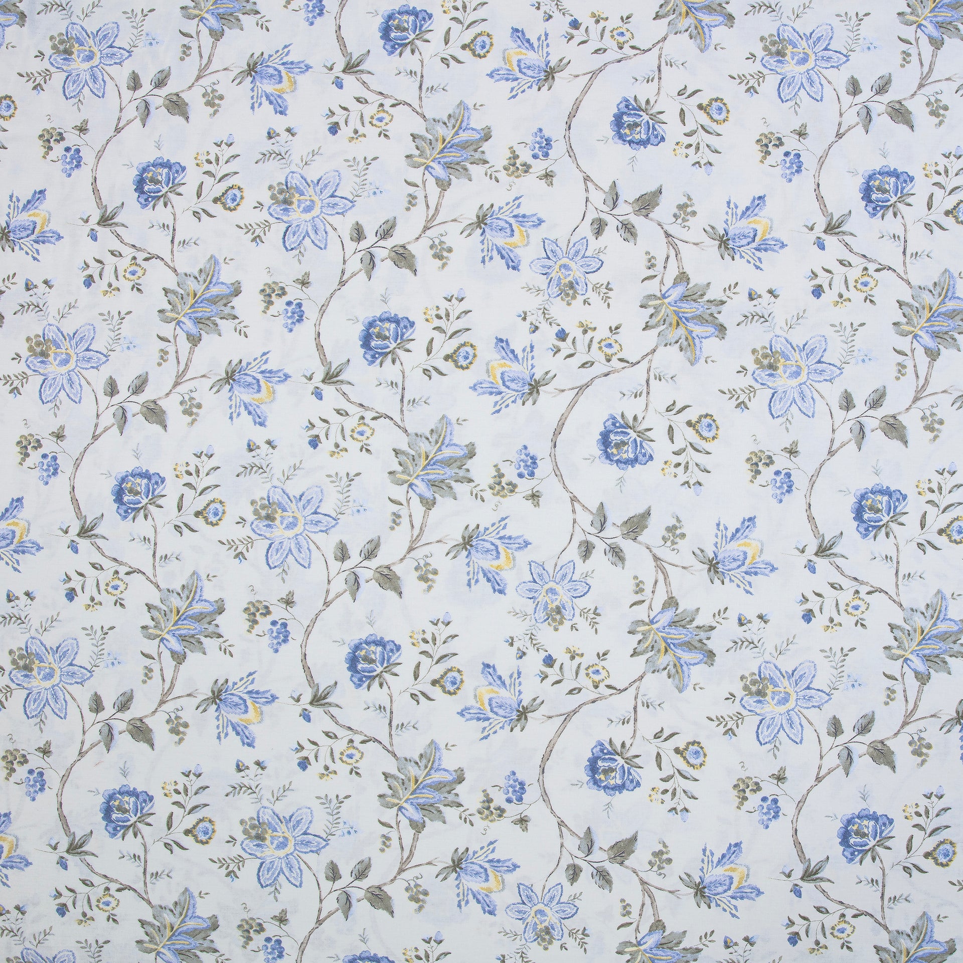 Close-up of DAUAOTO lightweight cotton fabric featuring a classic French country blue floral and green vine pattern.