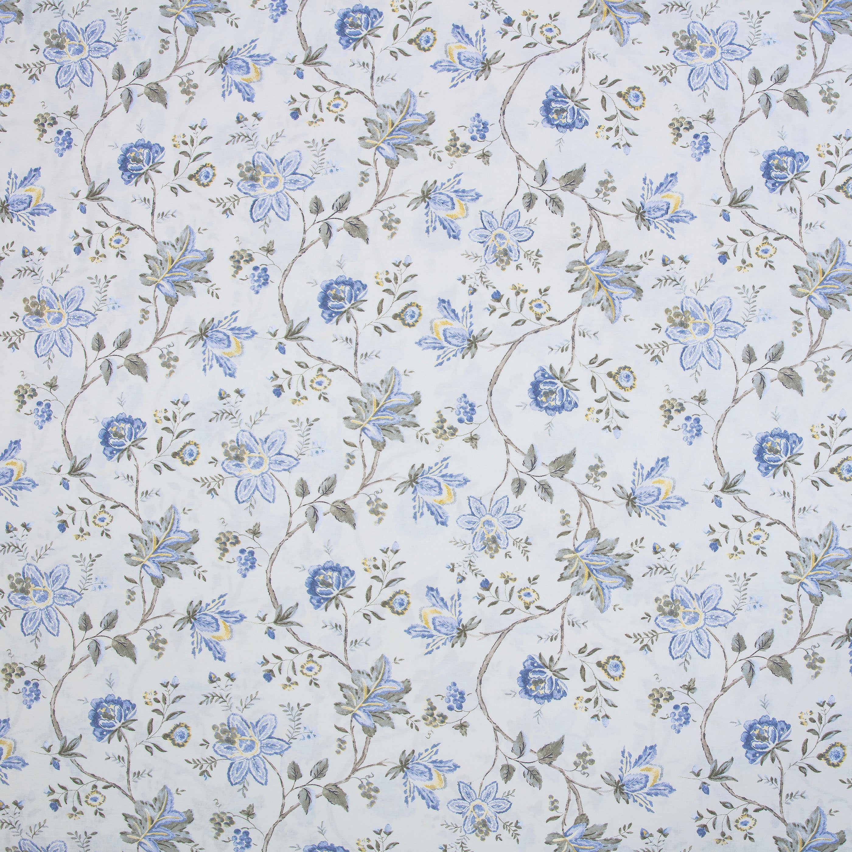 Close-up of DAUAOTO lightweight cotton fabric featuring a classic French country blue floral and green vine pattern.