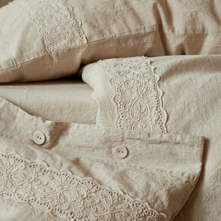 Close up of rustic buttons and 3D floral embroidered lace on the DAUAOTO Provence linen duvet cover.