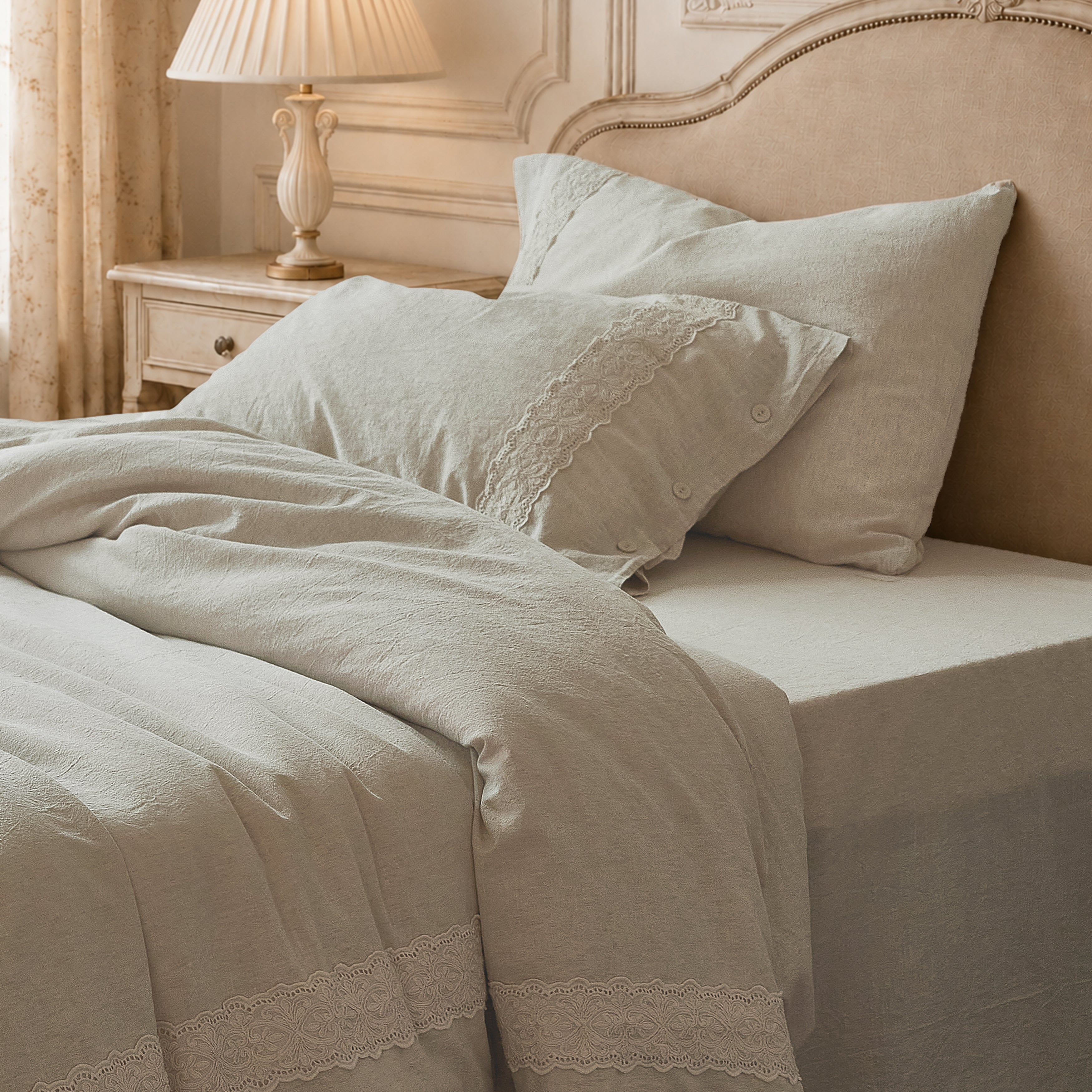 Angled view from the foot of the bed showing the DAUAOTO Provence linen cotton bedding set.