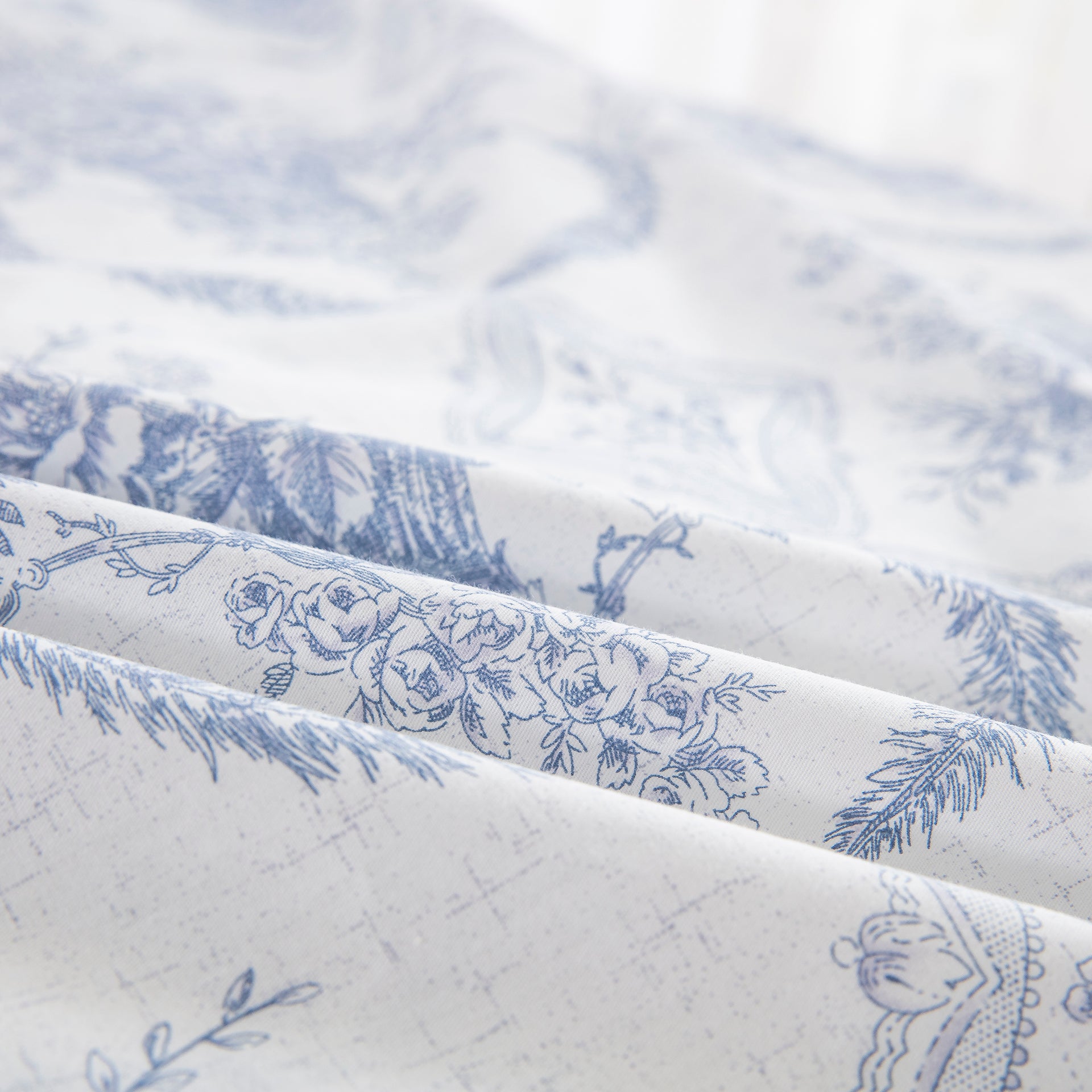 Refined country rustic aesthetic with high-quality blue and white toile cotton bed sheets for a sleep sanctuary - DAUAOTO