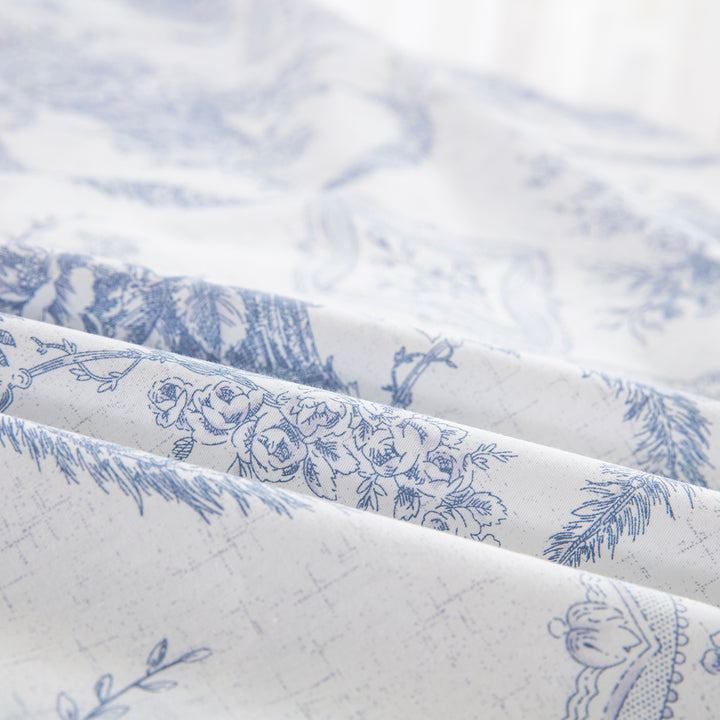Refined country rustic aesthetic with high-quality blue and white toile cotton bed sheets for a sleep sanctuary - DAUAOTO