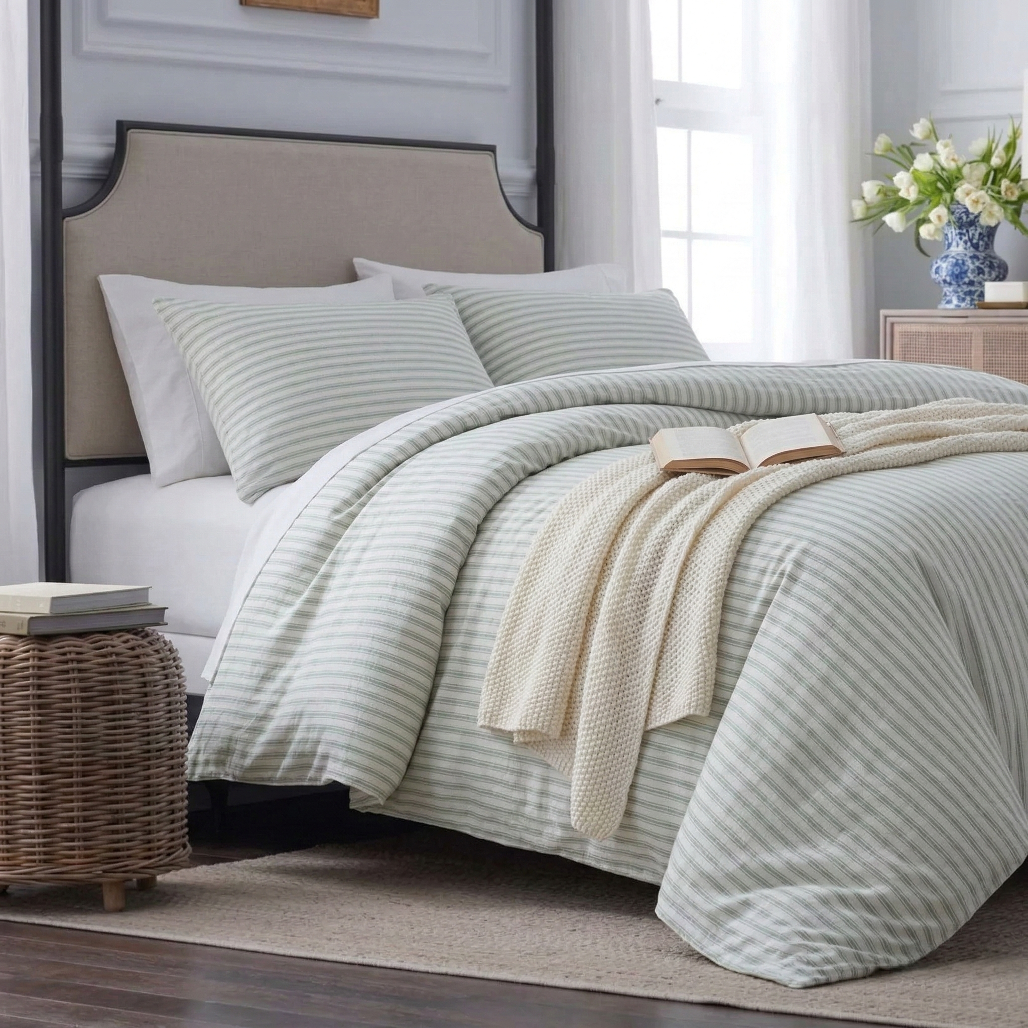 Relaxed luxury layering featuring the wonderfully tactile lived-in texture of sage green striped linen bedding - DAUAOTO