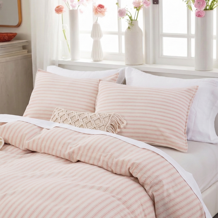 Airy elegance and romantic charm bedroom featuring the blush pink yarn-dyed stripe duvet set - DAUAOTO