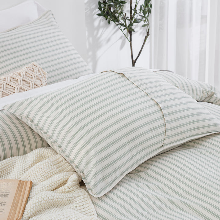 Finely tailored sage green yarn-dyed stripe pillow shams woven from breathable linen cotton blend fibers - DAUAOTO