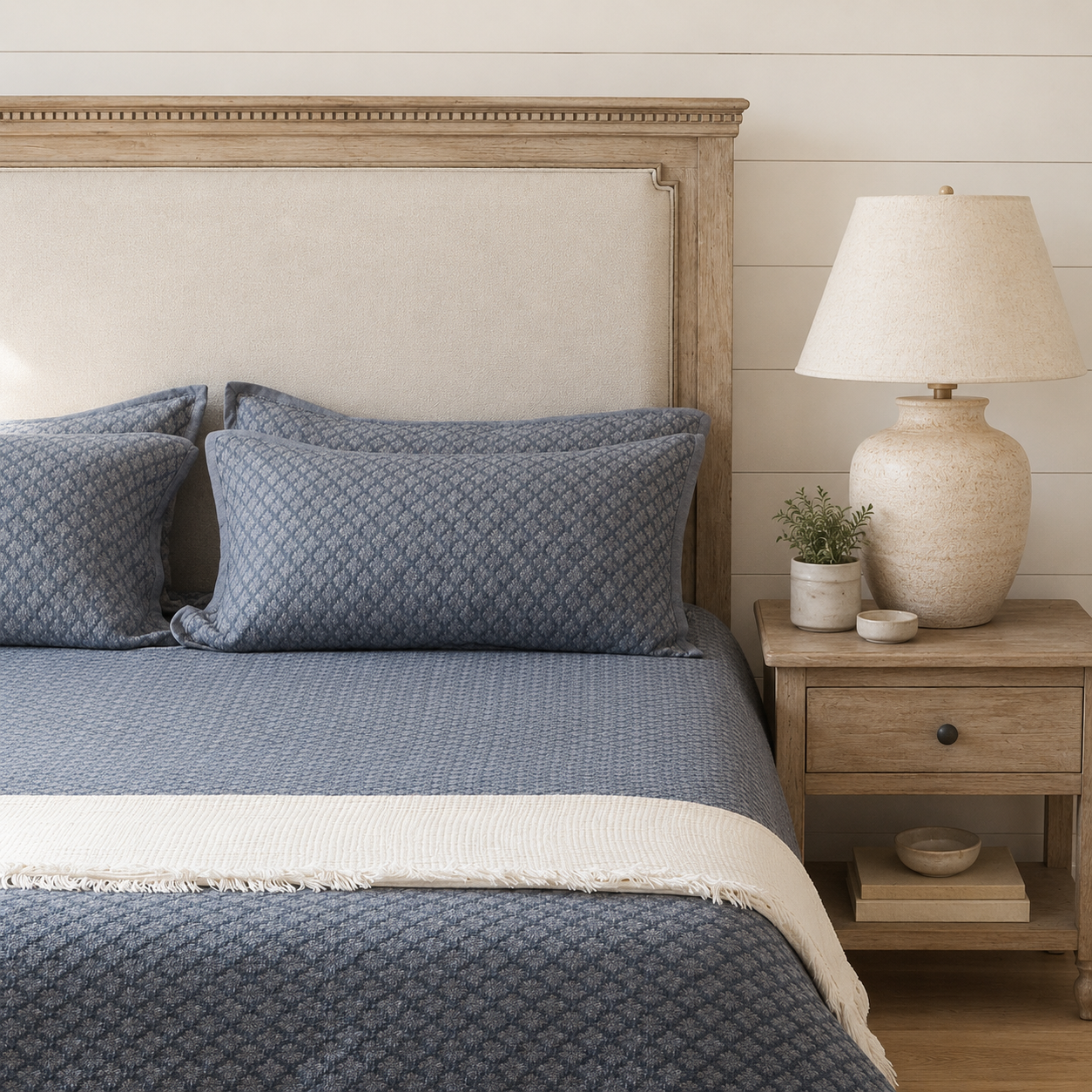Front view highlighting the matching slate blue jacquard pillow shams on a neatly made bed.