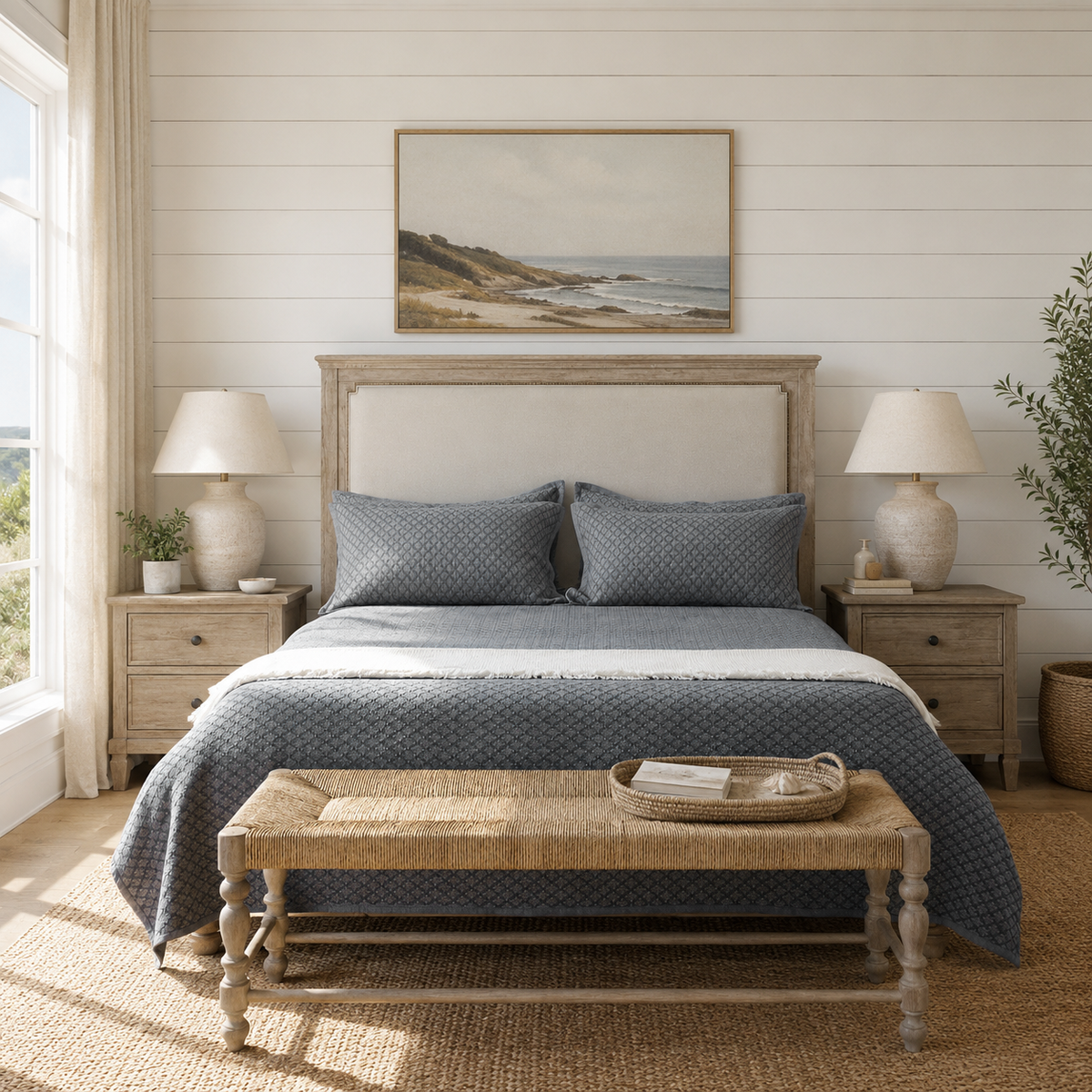 Slate blue cotton jacquard coverlet and matching pillow shams styled on a wood bed
