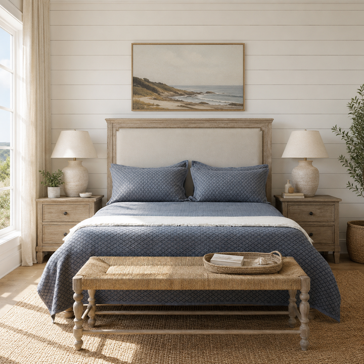 Front view of a bed styled with a slate blue washed cotton coverlet and Japandi decor.