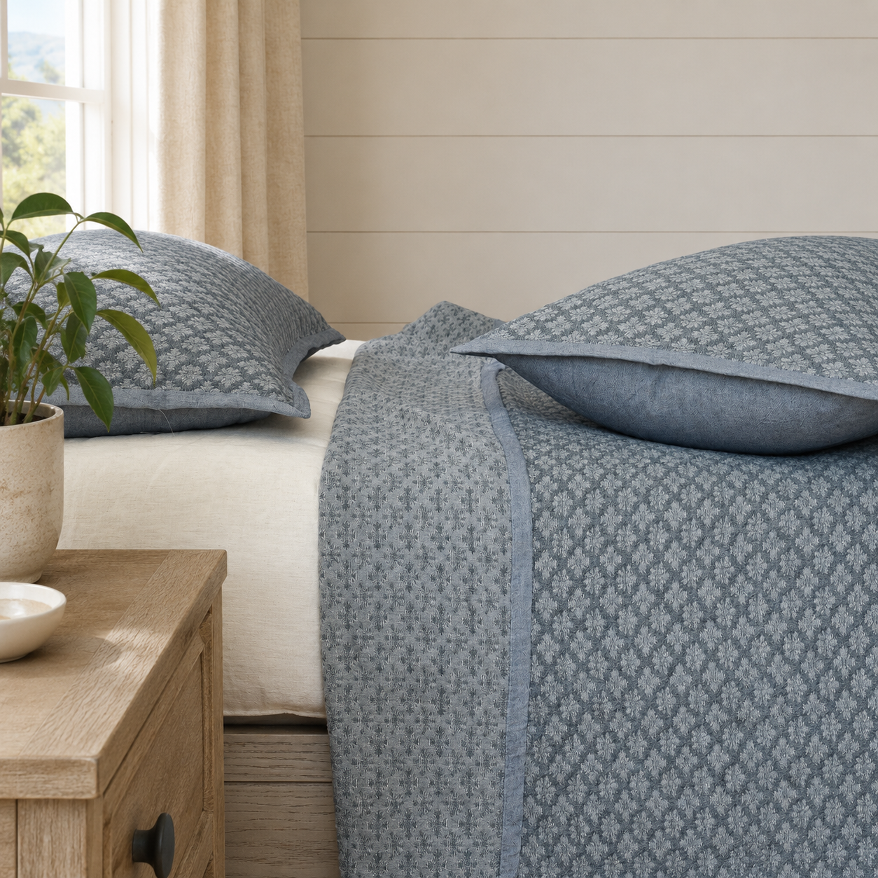 Side view of the layered slate blue coverlet on a bed with a potted plant on the nightstand.