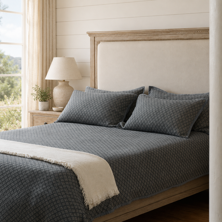 Slate blue washed cotton jacquard coverlet styled in a relaxed neutral bedroom