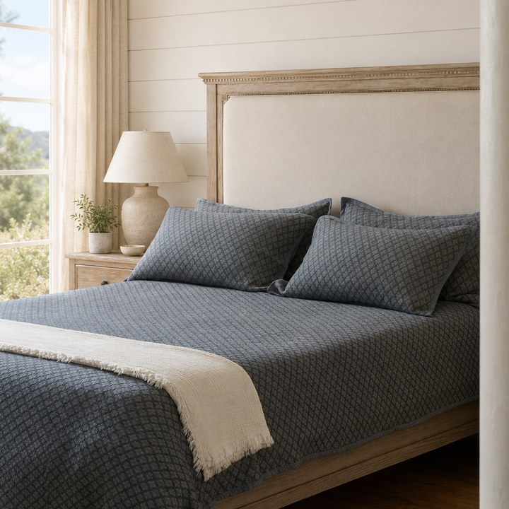 Angled view of the slate blue cotton coverlet styled with a cozy white throw blanket at the foot of the bed.