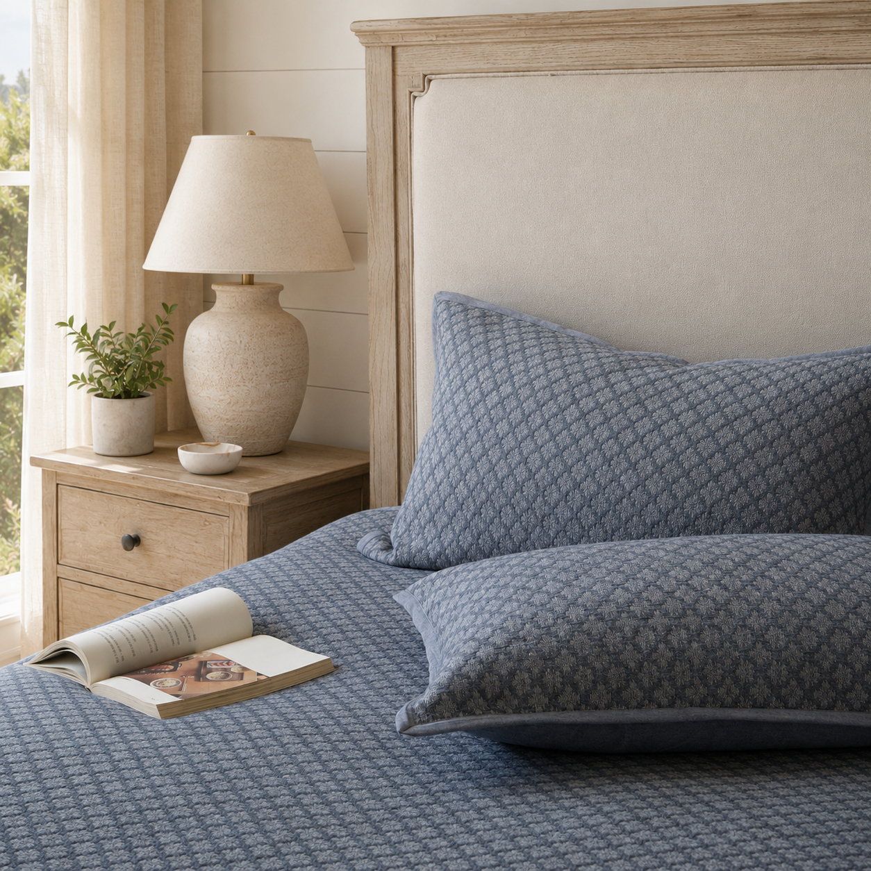 Two slate blue diamond jacquard pillow shams resting against an upholstered headboard.