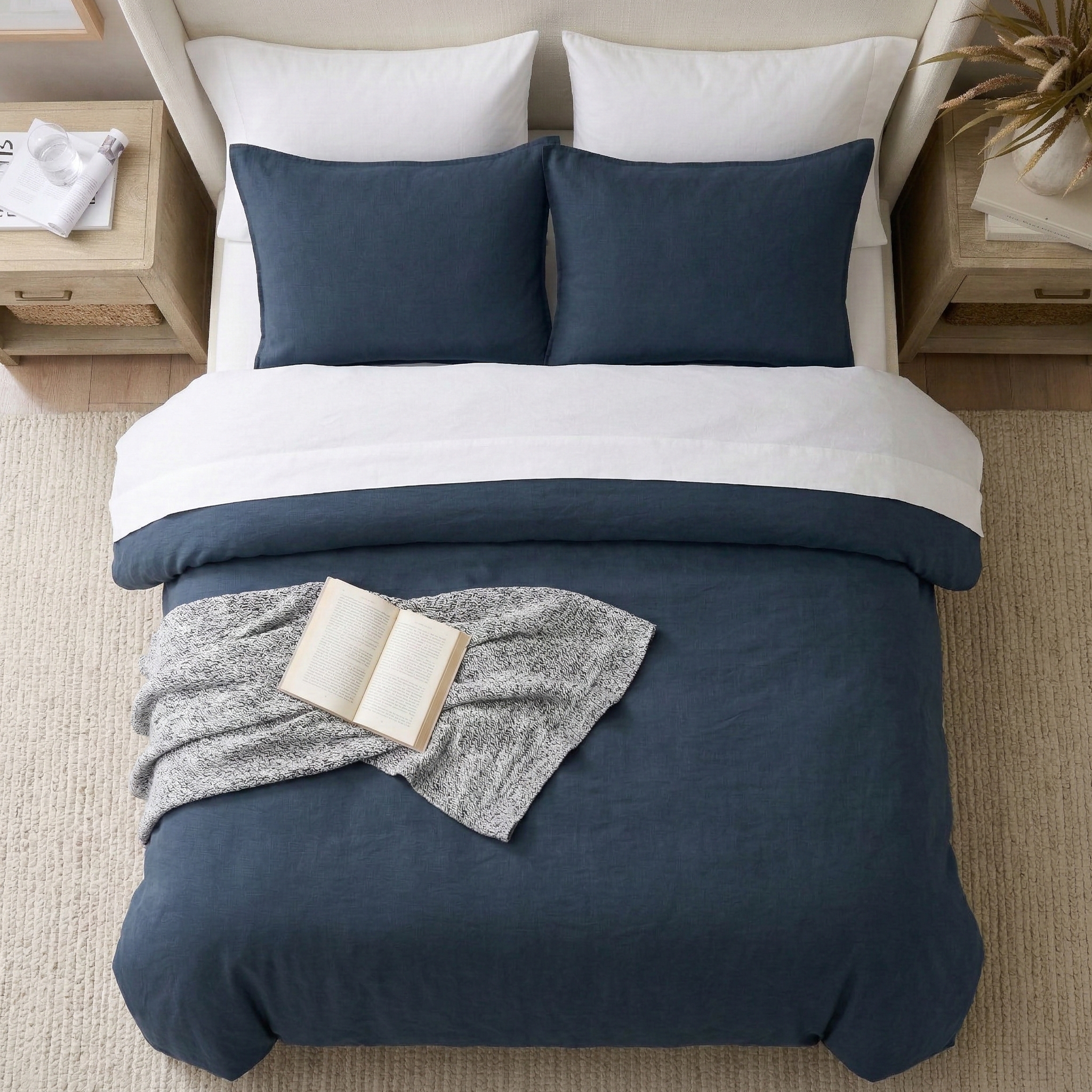 Top-down view of the serene midnight slate blue bedding ensemble with naturally textured finish - DAUAOTO